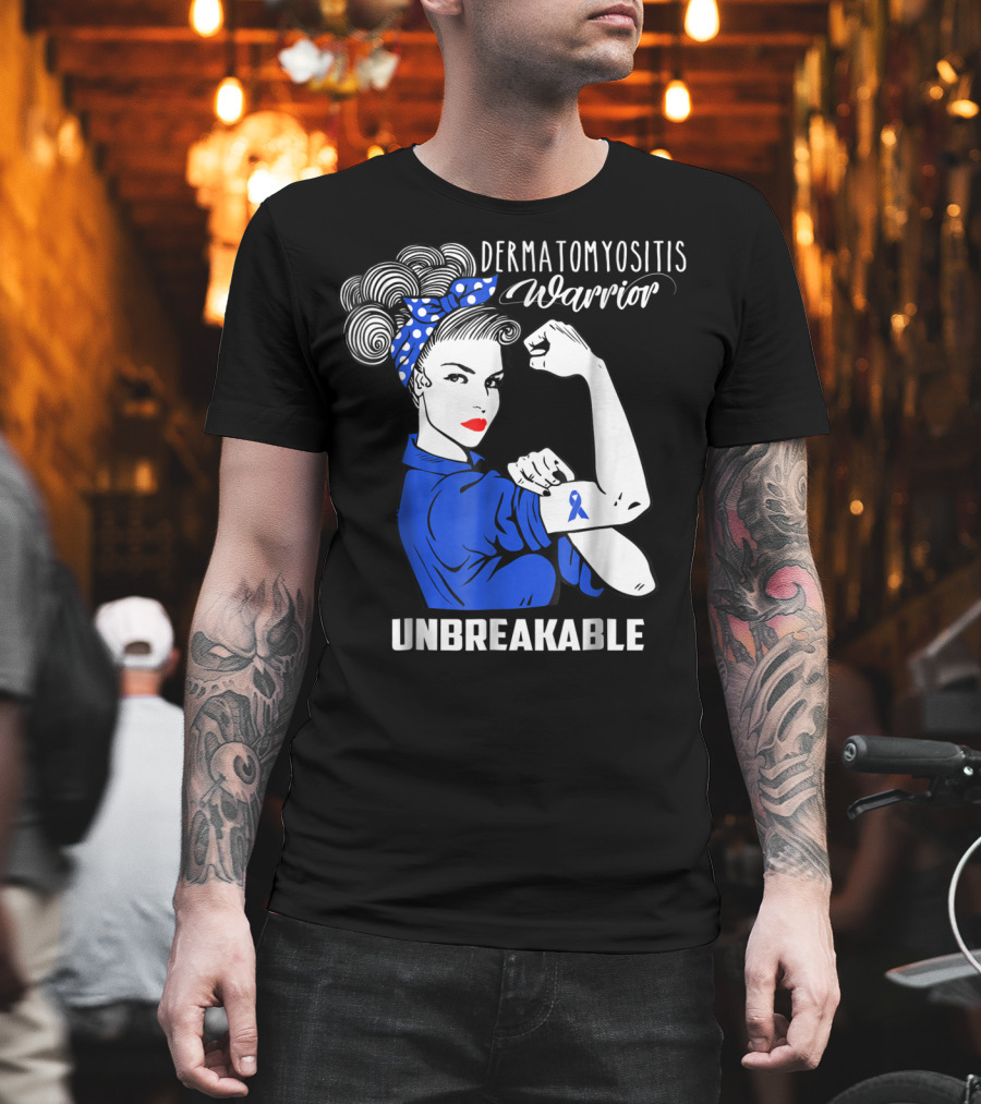 Dermatomyositis Warrior Unbreakable Awareness Flexing Rosie Icon With Blue T-Shirt
