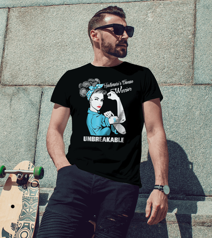 Hashimoto's Disease Warrior Unbreakable Rosie Riveter Style Blue Awareness T-Shirt