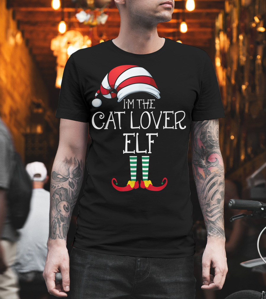 I'm The Cat Lover Elf Family Christmas Hat and Striped Socks T-Shirt