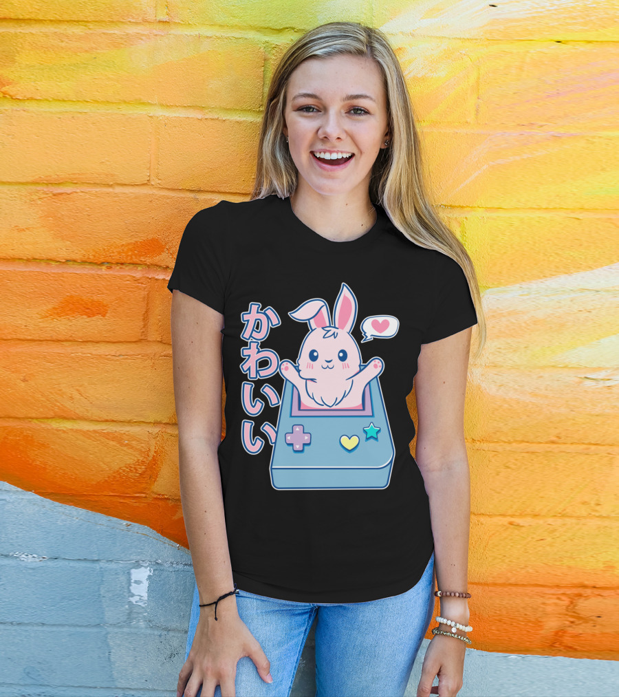 Kawaii Gamer Bunny Rabbit In Pastel Colors With Japanese Text And Game Console T-Shirt