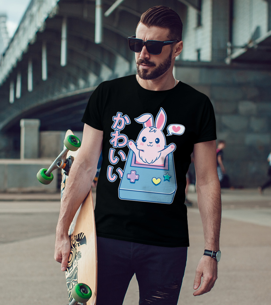 Kawaii Gamer Bunny Rabbit In Pastel Colors With Japanese Text And Game Console T-Shirt