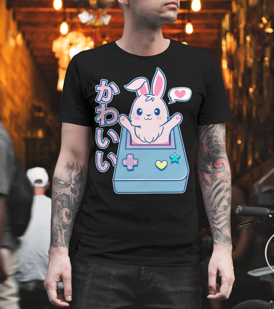 Kawaii Gamer Bunny Rabbit In Pastel Colors With Japanese Text And Game Console T-Shirt