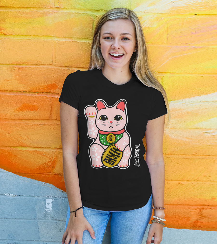 Lucky Cat Manekineko Japanese Love Prosperity Symbol Icon Floral T-Shirt