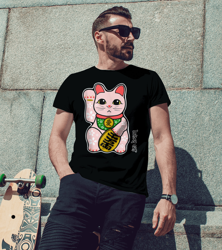 Lucky Cat Manekineko Japanese Love Prosperity Symbol Icon Floral T-Shirt