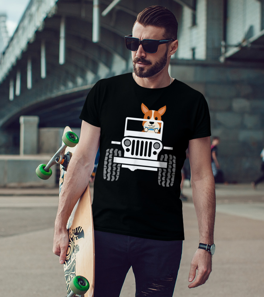 Mens Funny Cute Corgi Jeep Dog T-Shirt