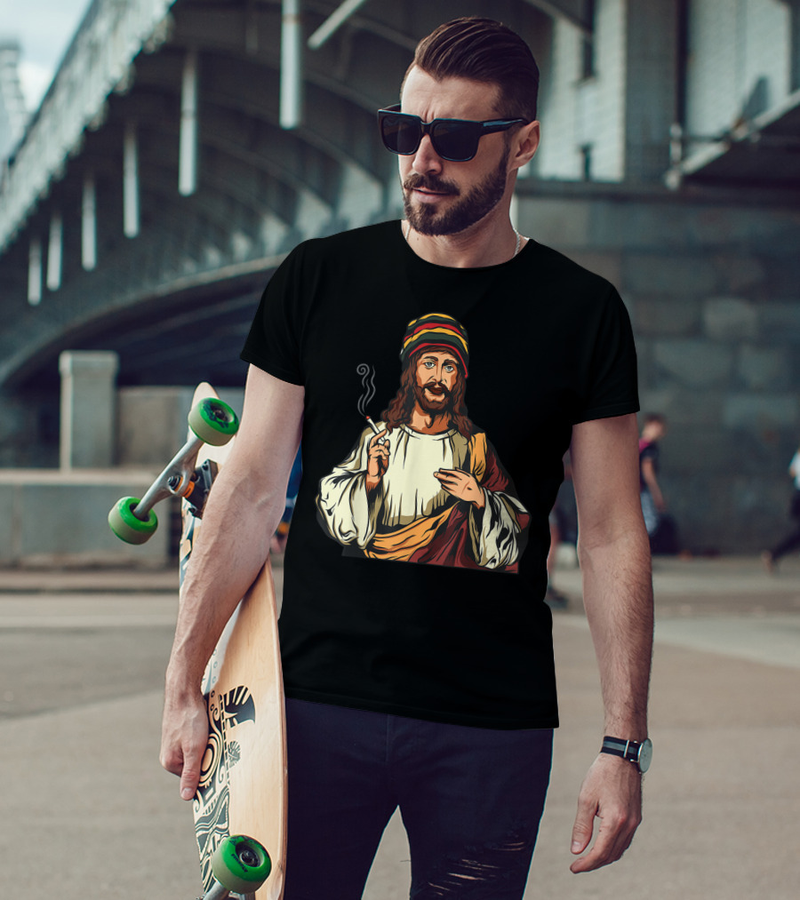 Pot Smoking Jesus Christ Cannabis Weed Rasta Hat Smoking Joint T-Shirt