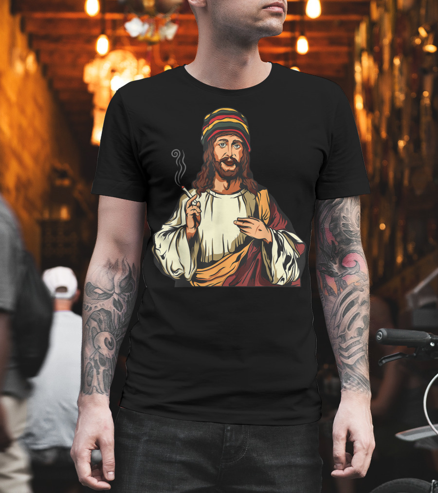 Pot Smoking Jesus Christ Cannabis Weed Rasta Hat Smoking Joint T-Shirt