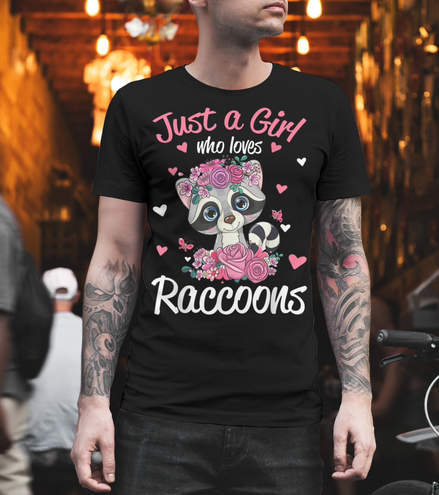 Just A Girl Who Loves Raccoons Floral Hearts T-Shirt