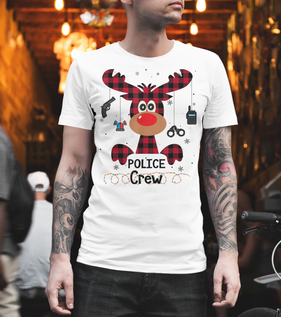 Red Plaid Reindeer Face Police Crew With Holiday Lights and Law Enforcement Icons T-Shirt