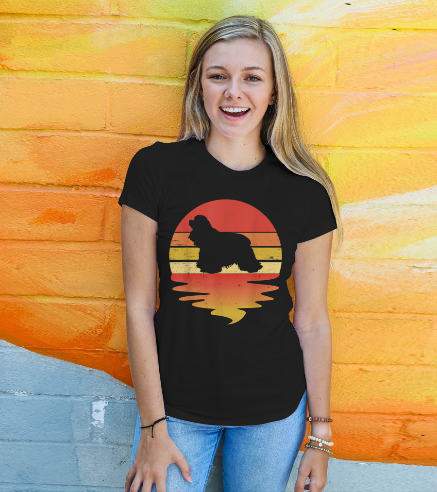 Retro Sunset Cocker Spaniel Silhouette Vintage 70s Style Dog Scene T-Shirt