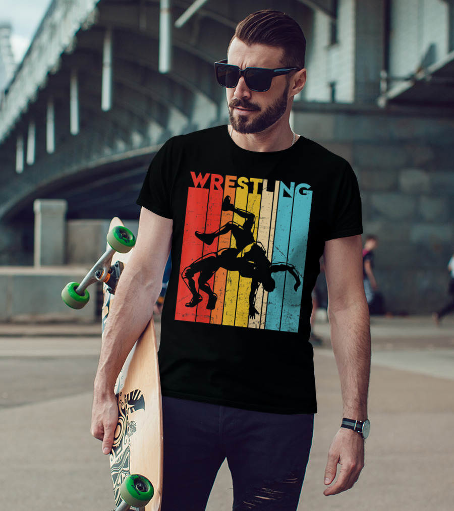 Wrestling Retro Vintage Silhouette Players On Colorful Stripes T-Shirt