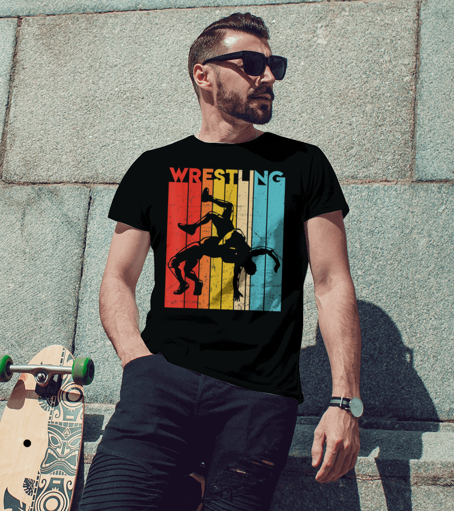 Wrestling Retro Vintage Silhouette Players On Colorful Stripes T-Shirt