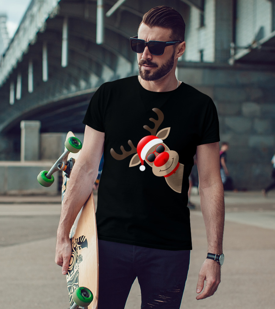 Rudolph Red Nose Reindeer Santa Hat Sunglasses T-Shirt