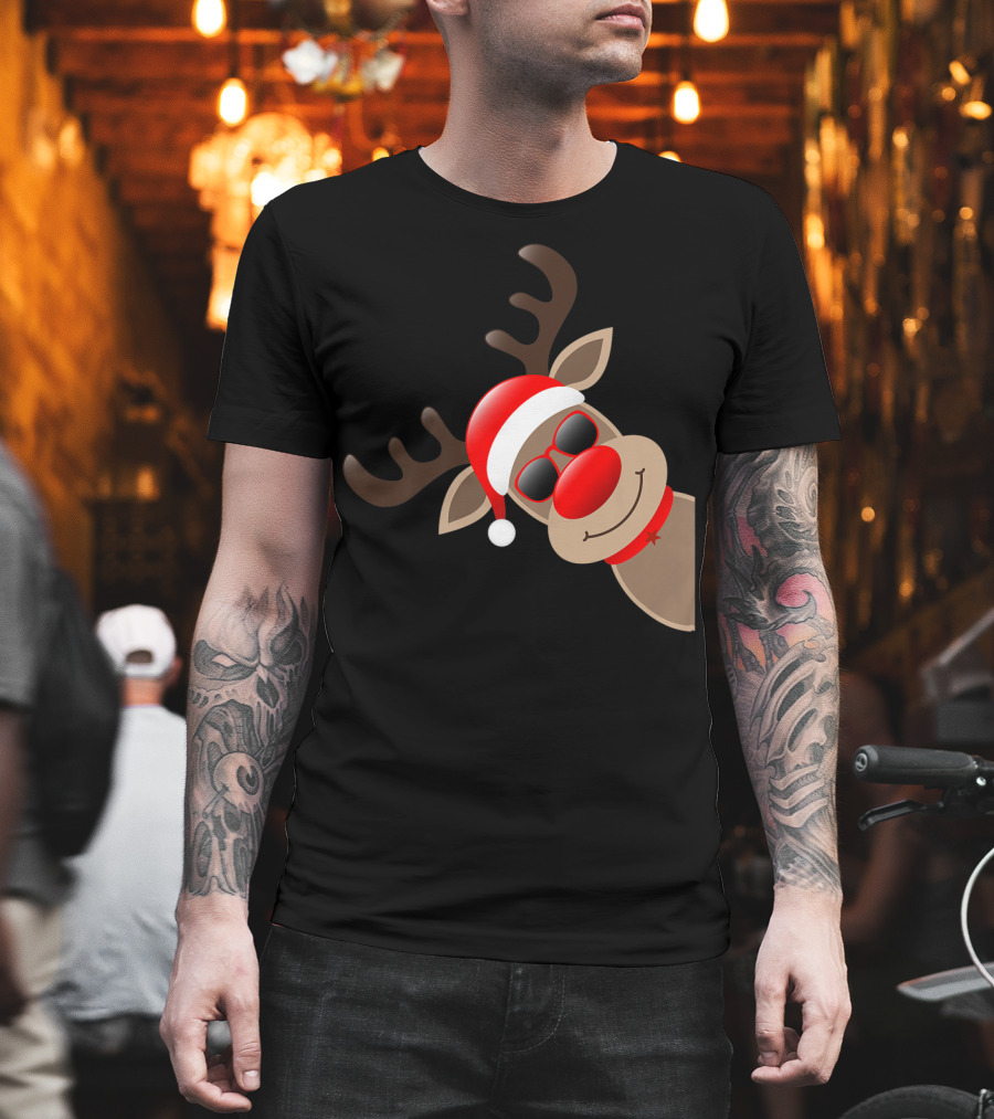 Rudolph Red Nose Reindeer Santa Hat Sunglasses T-Shirt