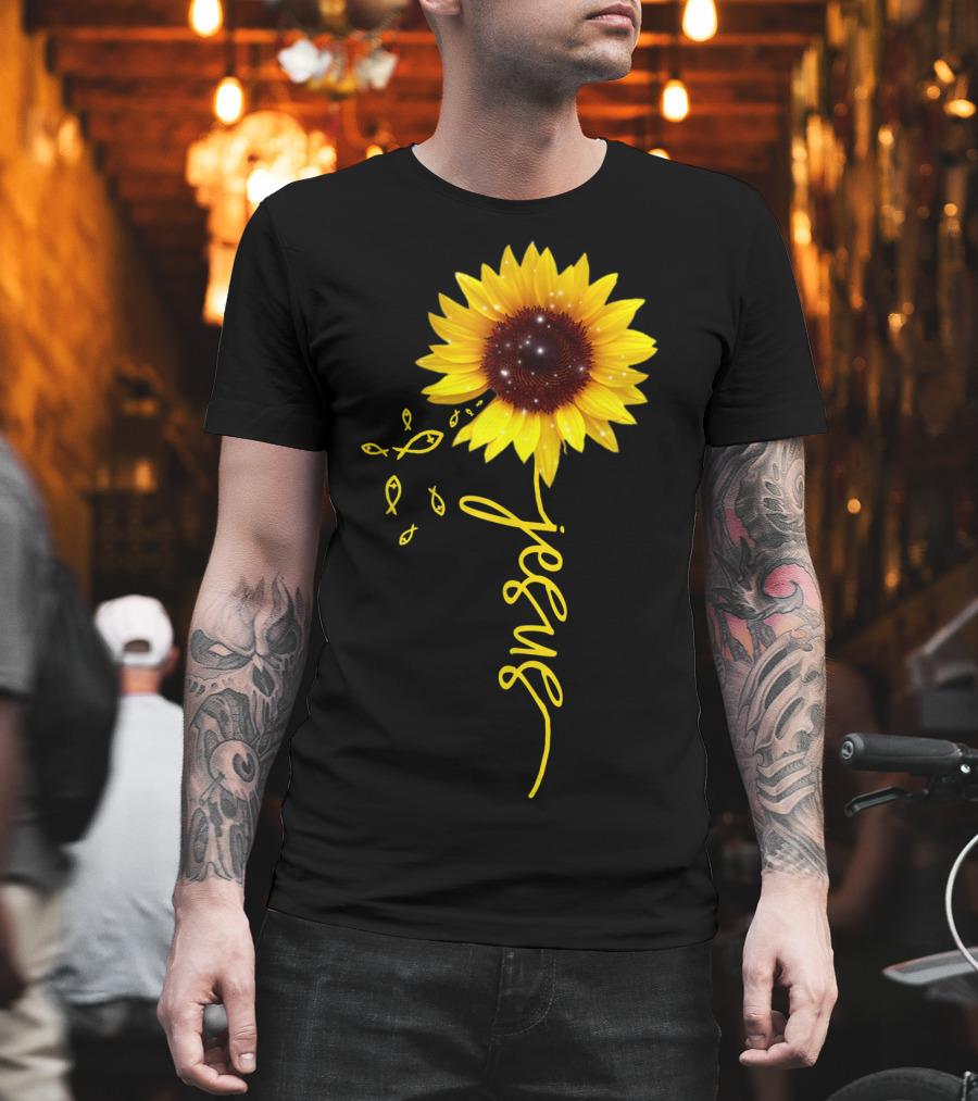 Sunflower Jesus Christian Faith Cross with Ichthys Symbols T-Shirt