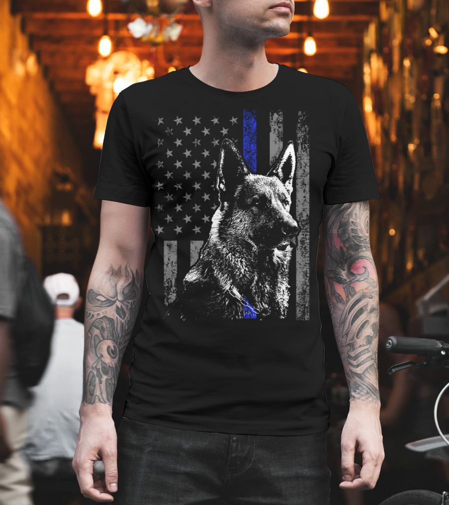 Thin Blue Line American Flag German Shepherd Police Dog T-Shirt