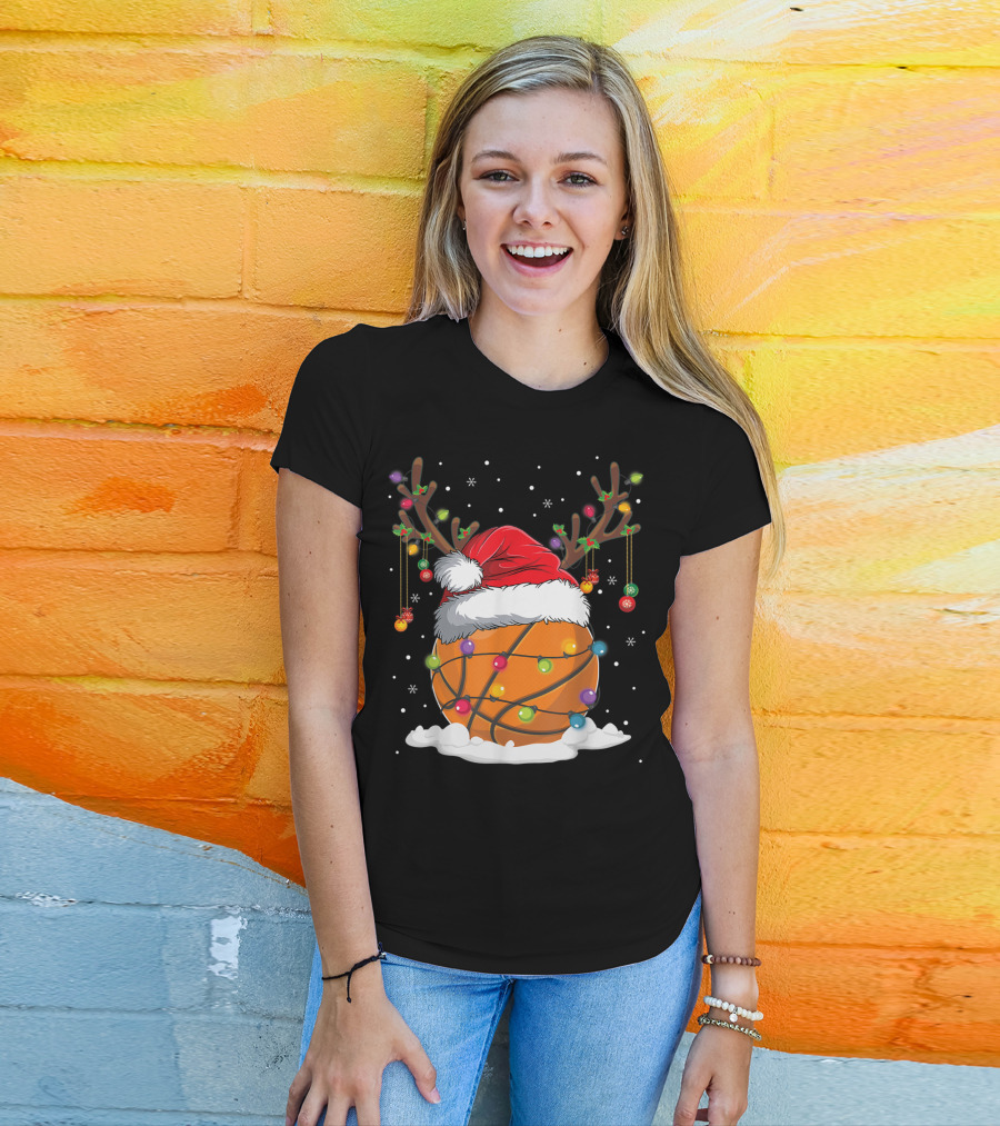 This Is My Christmas Basketball Player Santa Hat Reindeer Antlers Lights T-Shirt