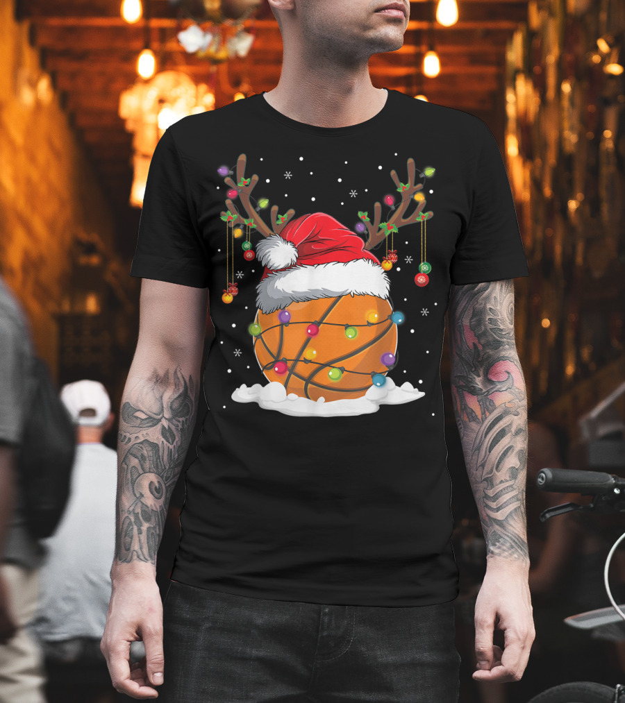 This Is My Christmas Basketball Player Santa Hat Reindeer Antlers Lights T-Shirt