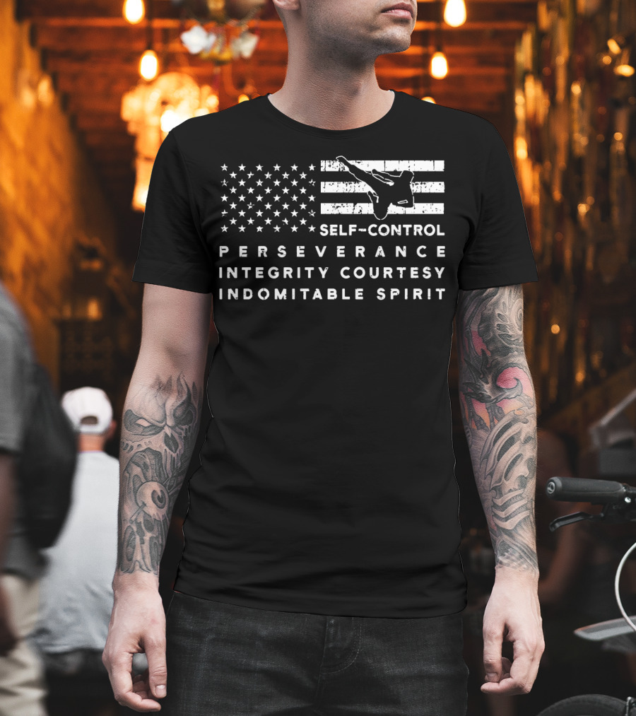 Vintage American Flag Taekwondo Self-Control Perseverance Integrity Courtesy Indomitable Spirit T-Shirt