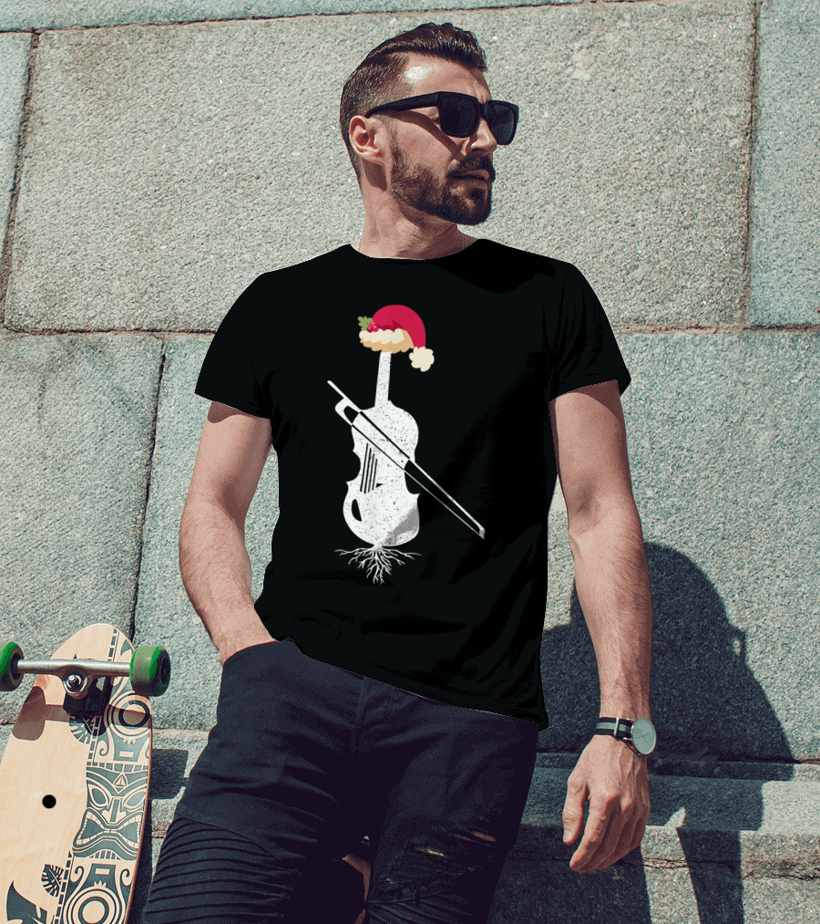 Violin Santa Hat Christmas Tree Vintage Style Holiday Decor T-Shirt