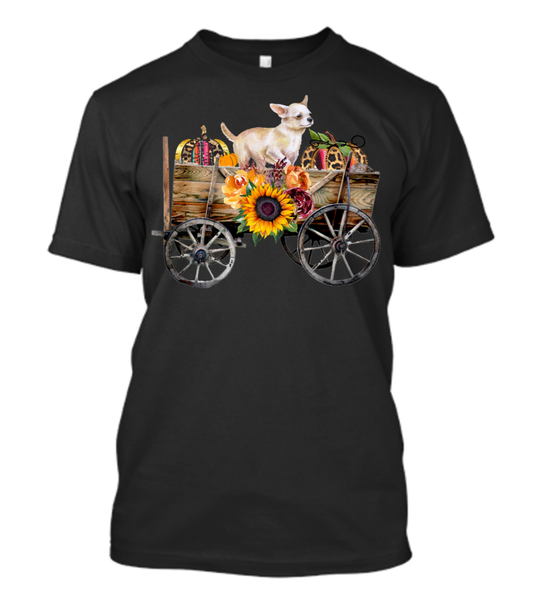 White Chihuahua In Wagon With Pumpkin And Sunflower T-Shirt