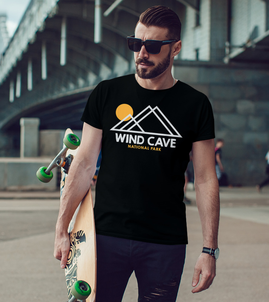 Wind Cave National Park South Dakota Outline Mountain Sun T-Shirt