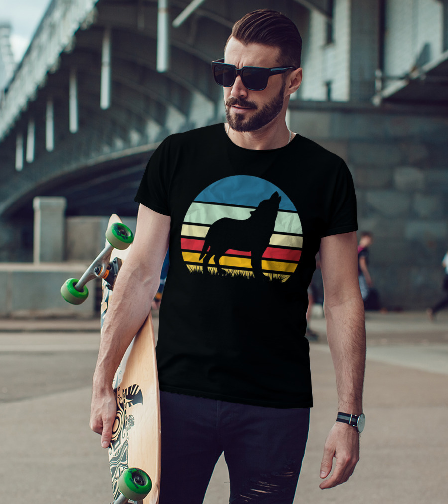Retro Wolf Silhouette Vintage Sunset Stripes T-Shirt