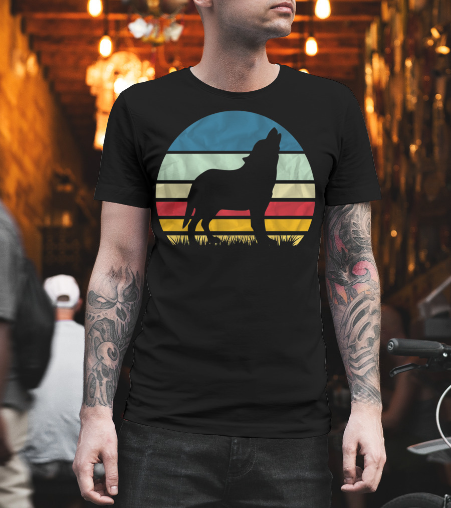 Retro Wolf Silhouette Vintage Sunset Stripes T-Shirt