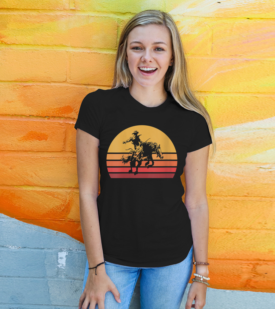 Retro Sunset Bronc Riding Vintage Bucking T-Shirt