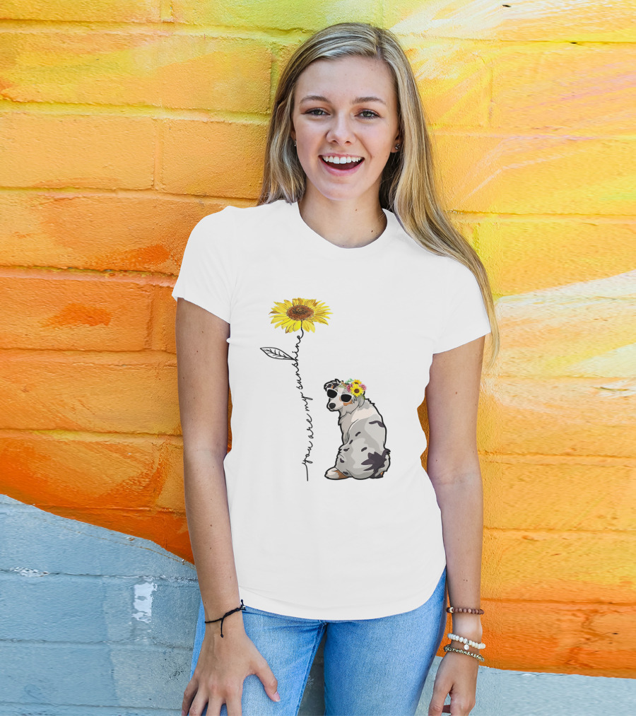You Are My Sunshine Australian Shepherd Sunflower Sunglasses And Flower Crown T-Shirt
