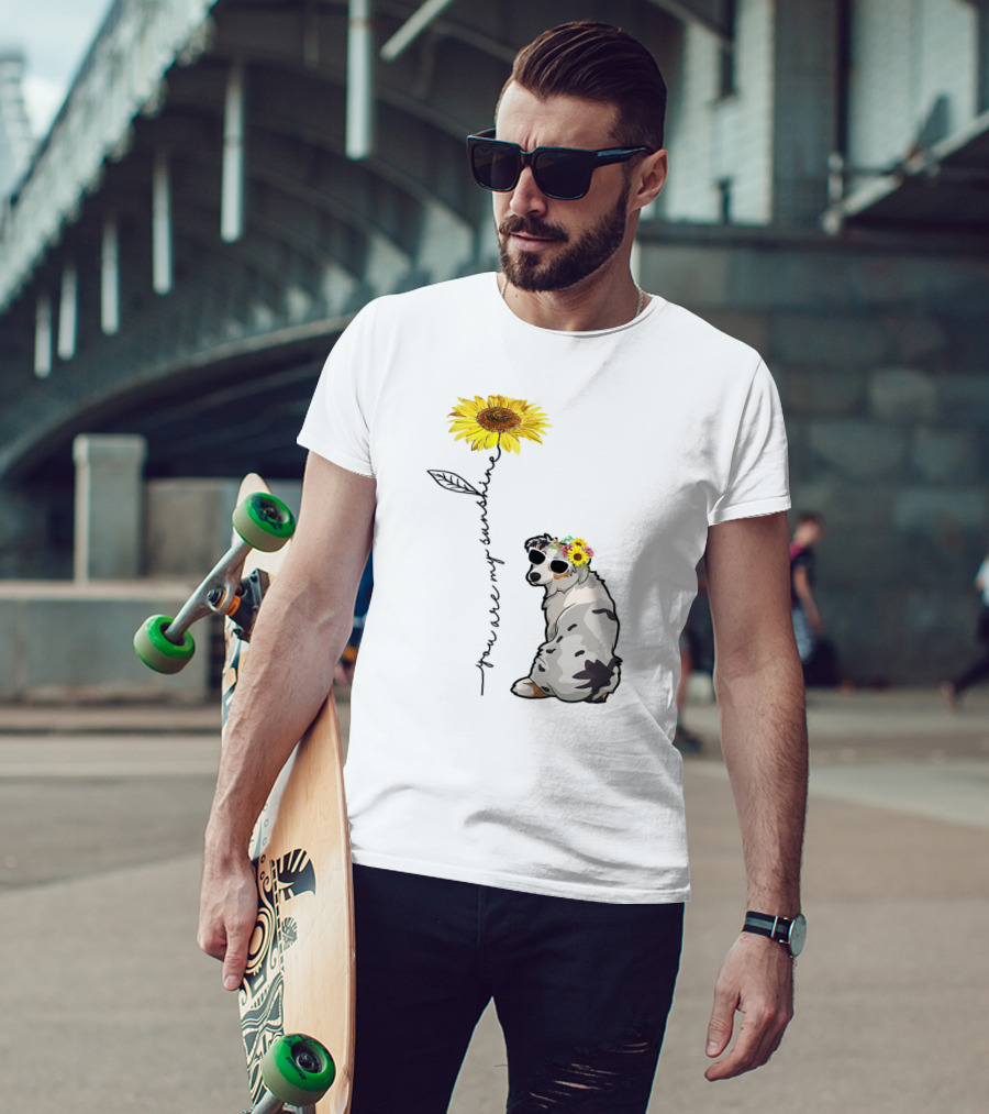 You Are My Sunshine Australian Shepherd Sunflower Sunglasses And Flower Crown T-Shirt