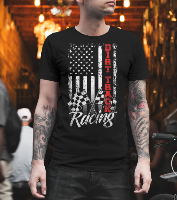 Dirt Track Racing American Flag with Checkered Flags T-Shirt Dirt Track Racing American Flag with Checkered Flags T-Shirt