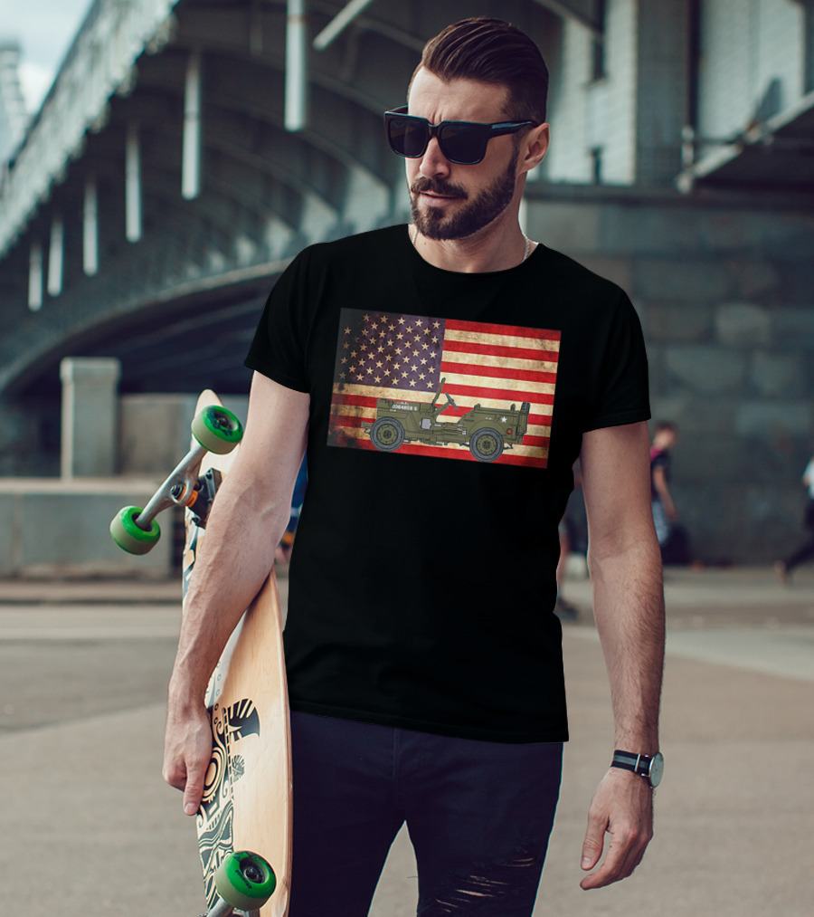 American USA Flag Willys Jeep WW2 Military Army Vehicle Stars And Stripes Vintage Retro Iconic T-Shirt