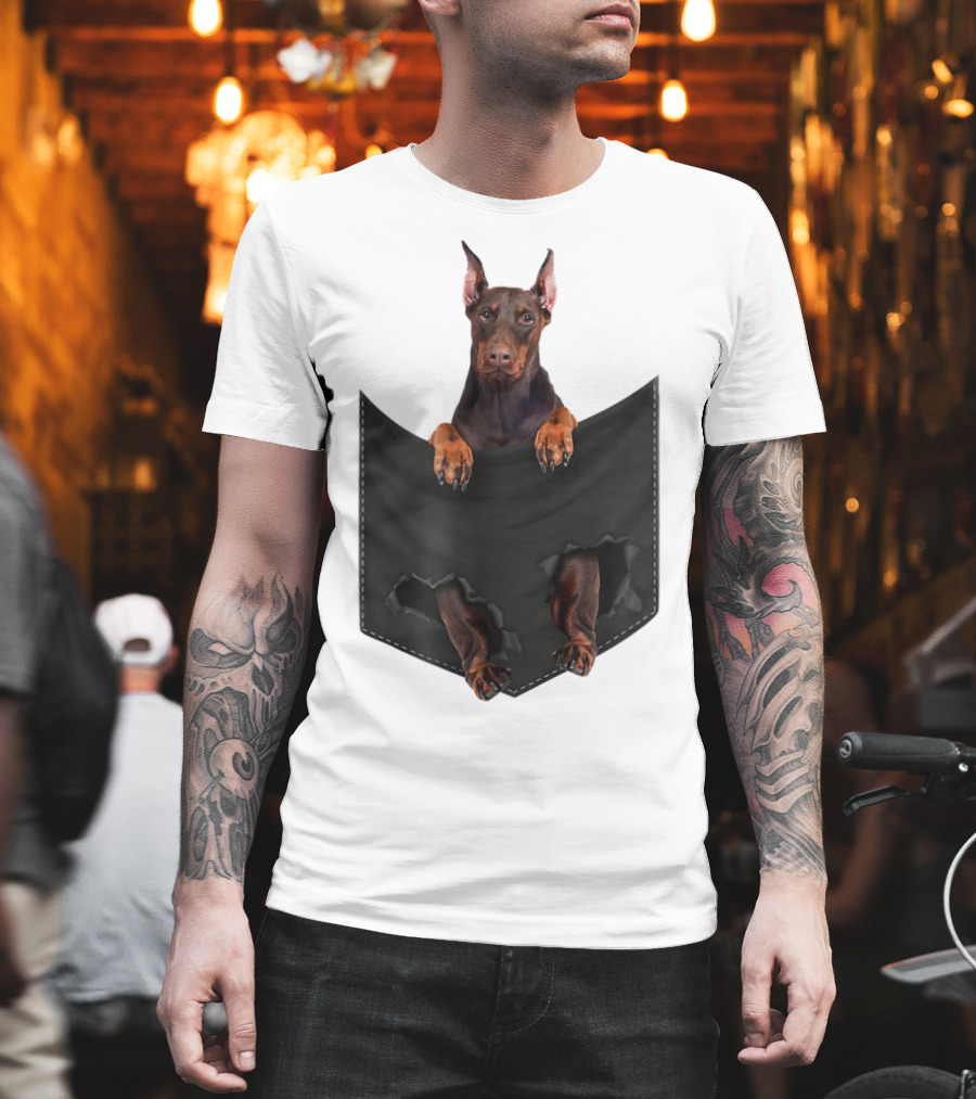 Doberman Pinscher Peeking from Ripped Pocket T-Shirt
