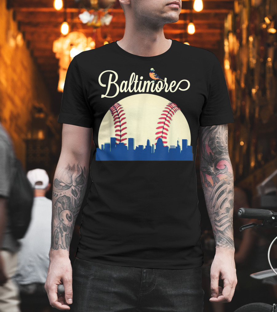Baltimore Skyline With Baseball And Oriole Bird T-Shirt