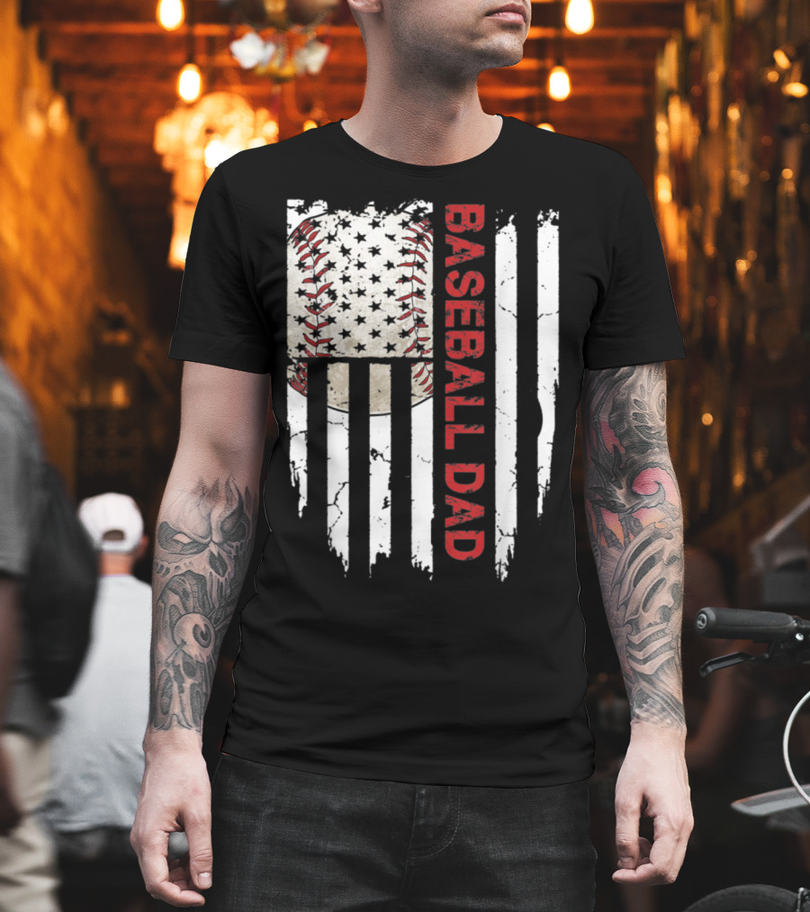Baseball Dad American Flag Patriotic Stars Stripes Sports Enthusiast T-Shirt