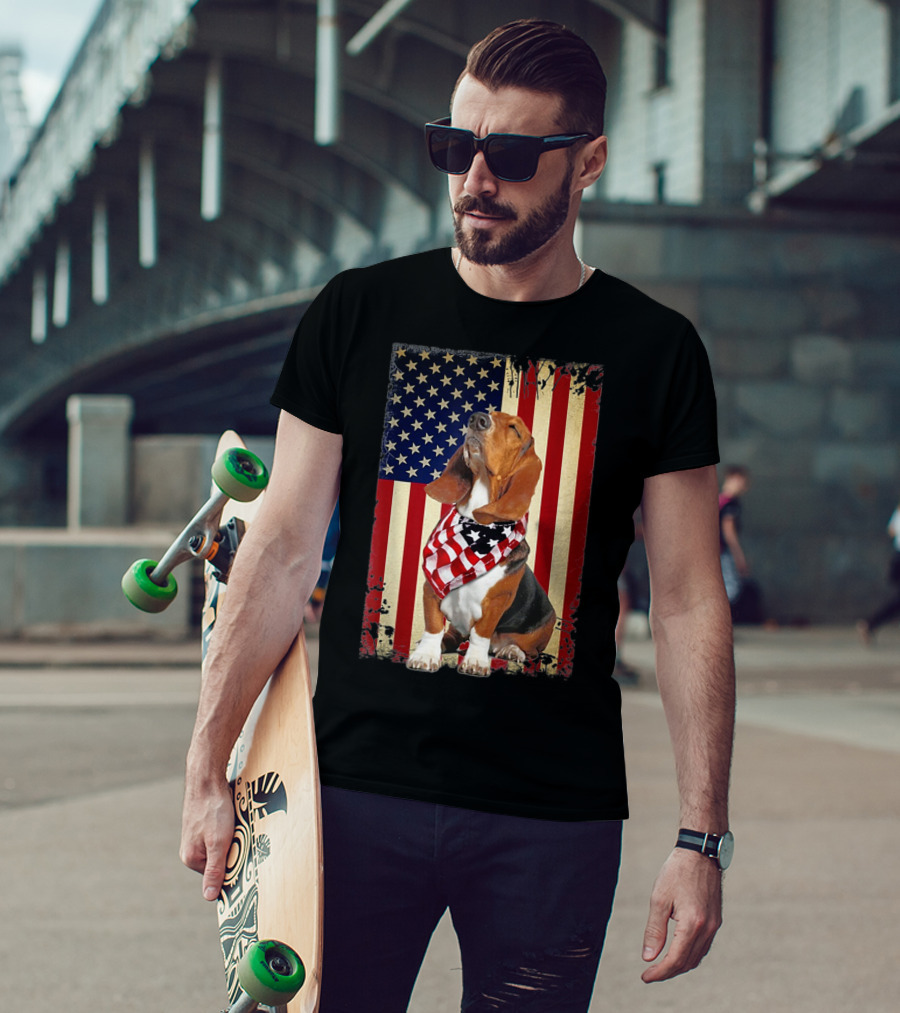 Basset Hound With American Flag Scarf Against USA Flag Background T-Shirt