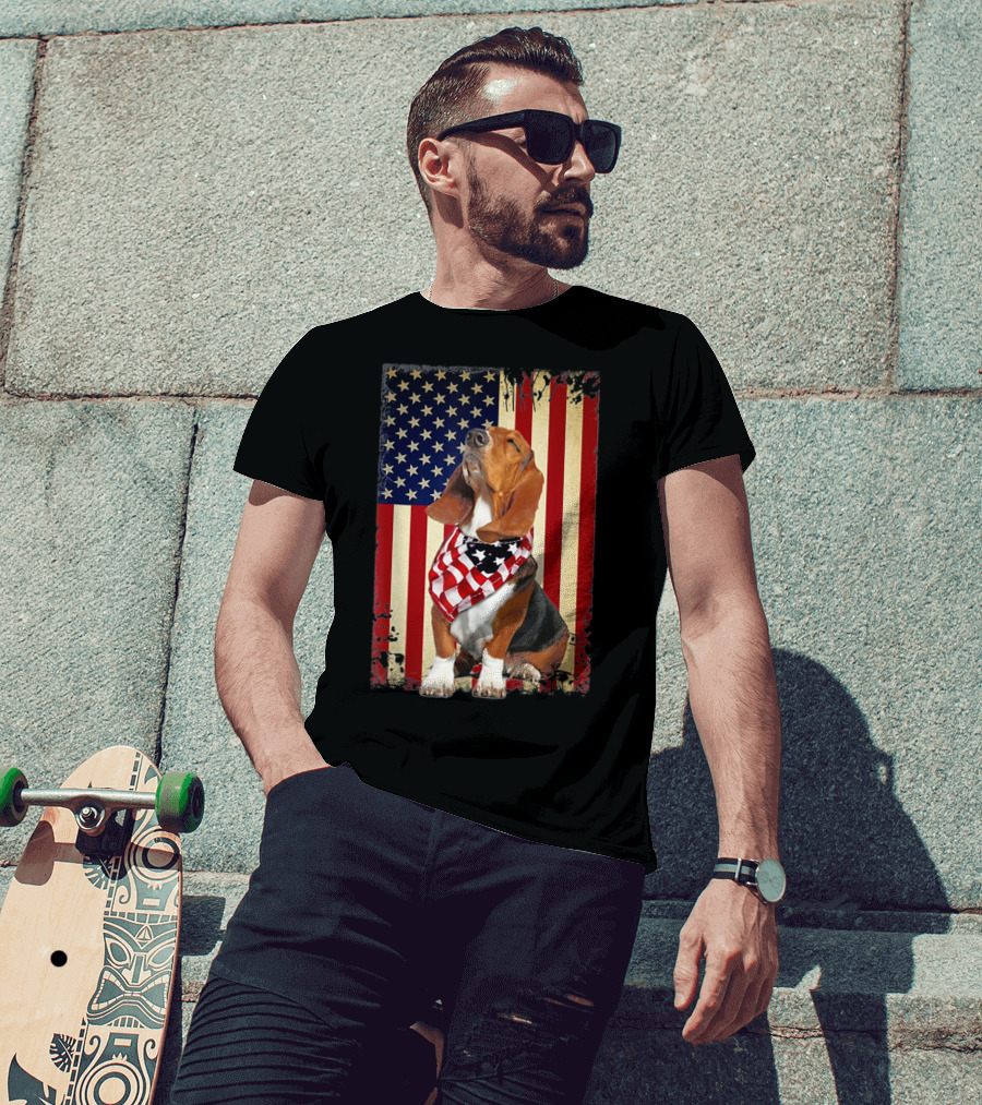 Basset Hound With American Flag Scarf Against USA Flag Background T-Shirt