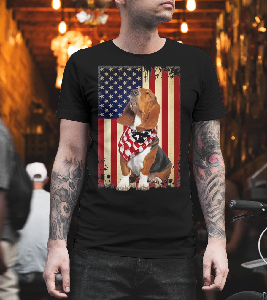 Basset Hound with American Flag Scarf Against USA Flag Background T-Shirt