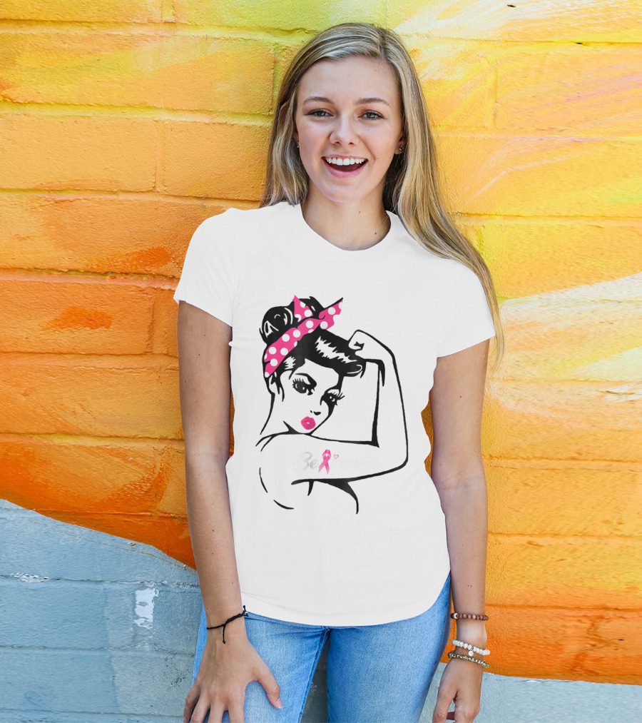 Breast Cancer Warrior Believe Support Awareness With Pink Ribbon And Polka Dot Rosie Bandana T-Shirt