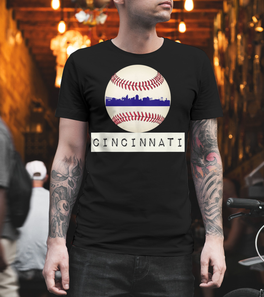 Cincinnati Skyline on Baseball with Red Stitches T-Shirt