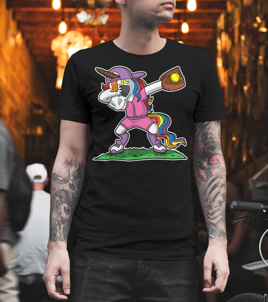 Dabbing Unicorn In Pink Softball Outfit With Glove And Ball T-Shirt