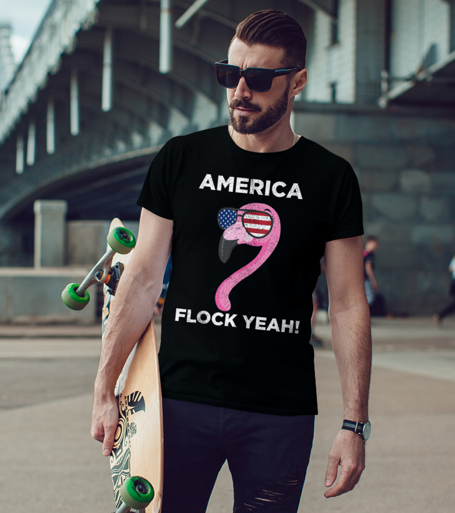 America Flock Yeah Flamingo With American Flag Glasses T-Shirt