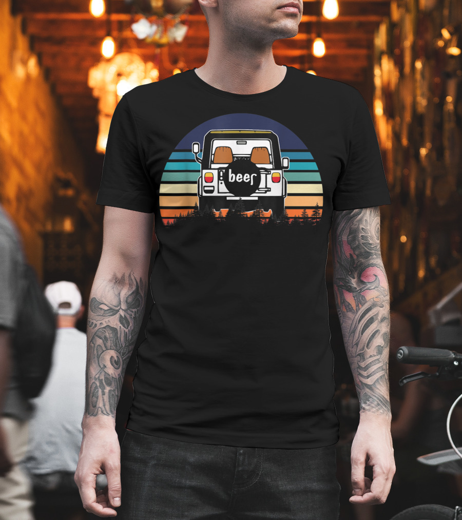 Funny Beer Jeeps Vintage Sunset Retro Stripess T-Shirt