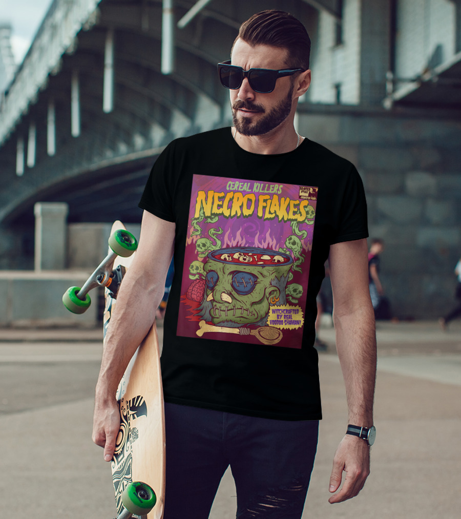 Cereal Killers Necro Flakes Witchcrafted By Real Voodoo Shaman Monster Food Horror Fans Nerds T-Shirt