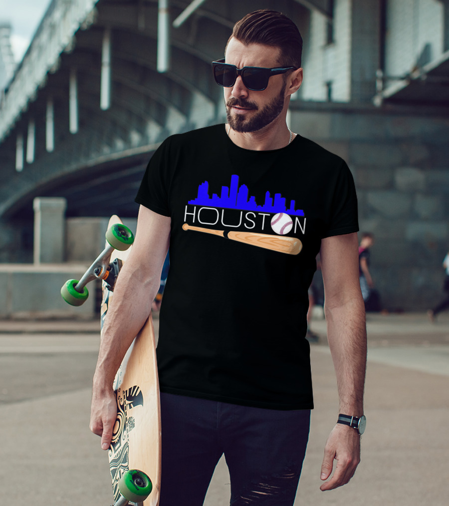 Houston Baseball Astro Font Skyline With Bat And Ball T-Shirt