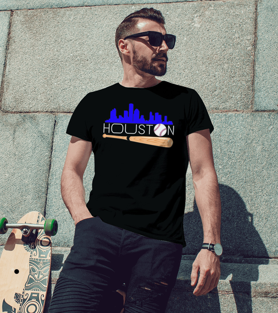 Houston Baseball Astro Font Skyline With Bat And Ball T-Shirt