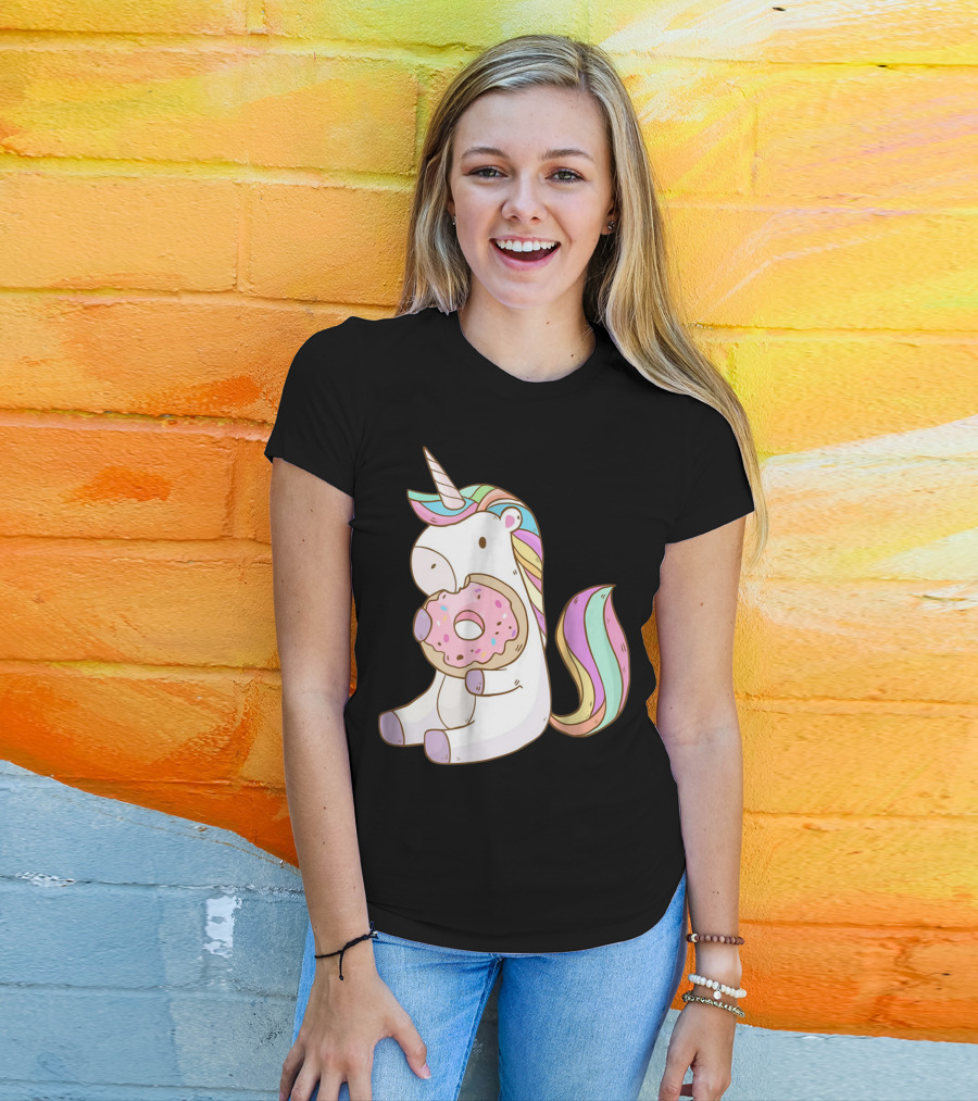 Cute Hungry Unicorn Enjoying A Delicious Donut With Sprinkles T-Shirt