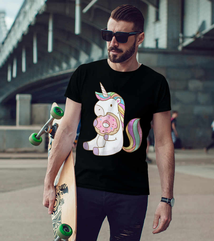 Cute Hungry Unicorn Enjoying A Delicious Donut With Sprinkles T-Shirt