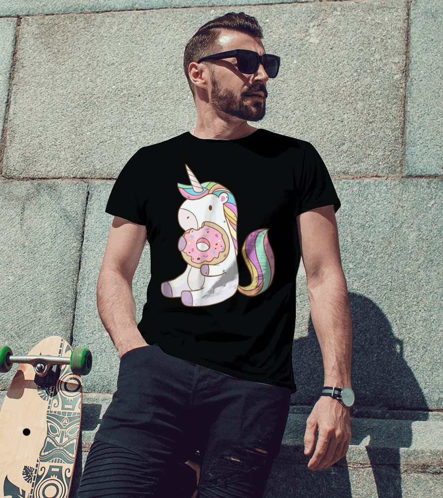 Cute Hungry Unicorn Enjoying A Delicious Donut With Sprinkles T-Shirt